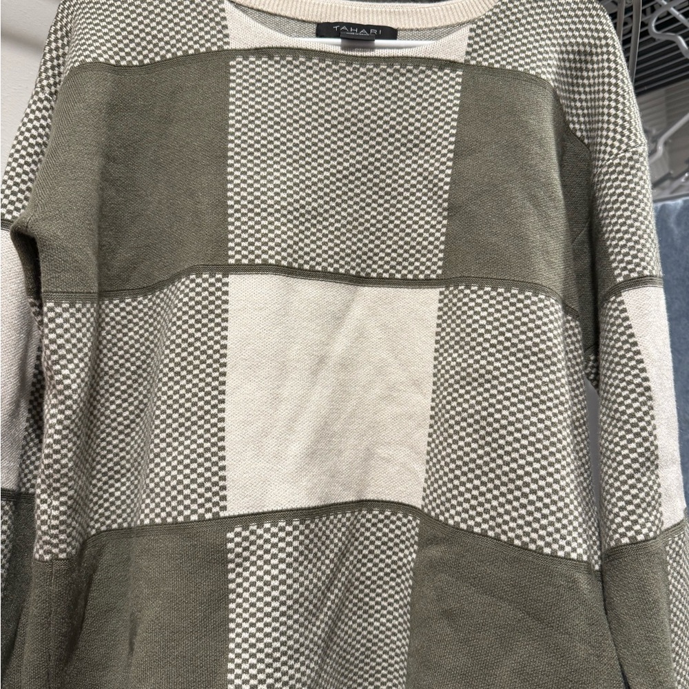 Tahari Olive and Cream Checkered Knit